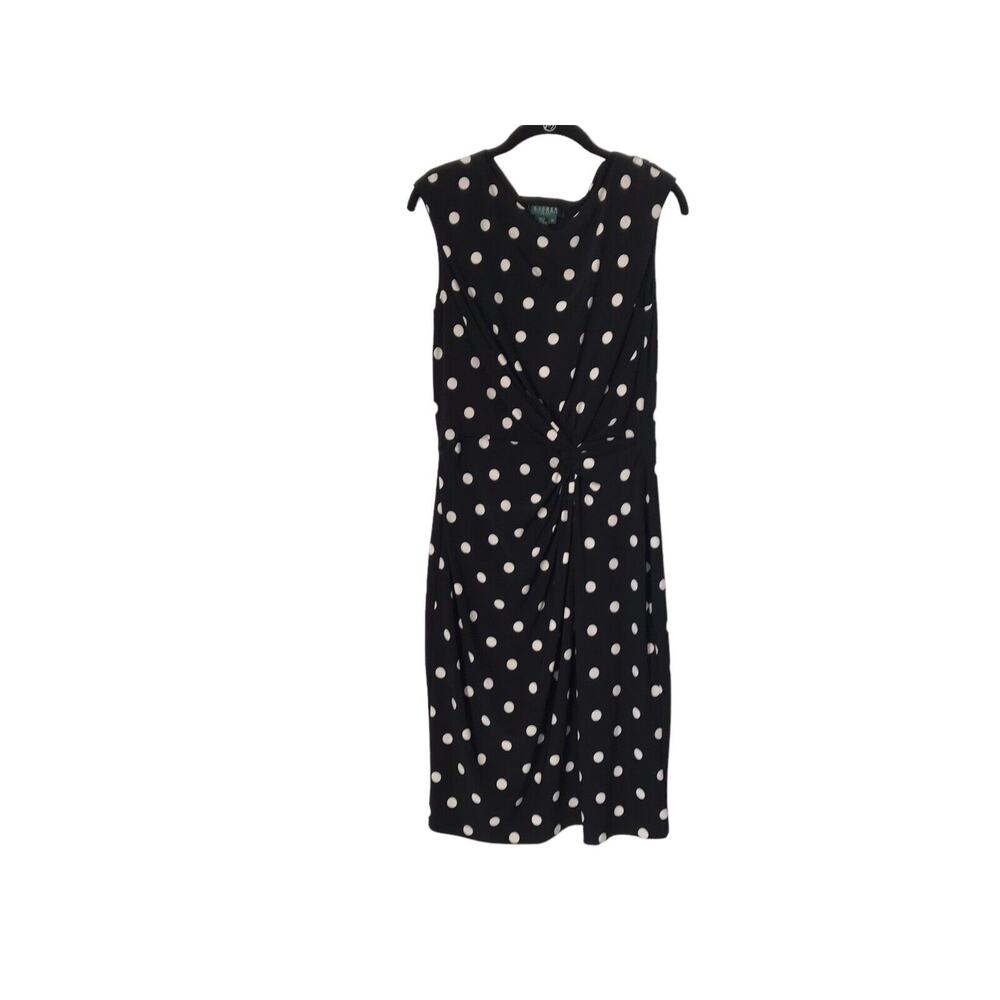 Lauren Ralph Lauren Dress Womens Size 14 Black White Polka Dot Sleeveless Ruched